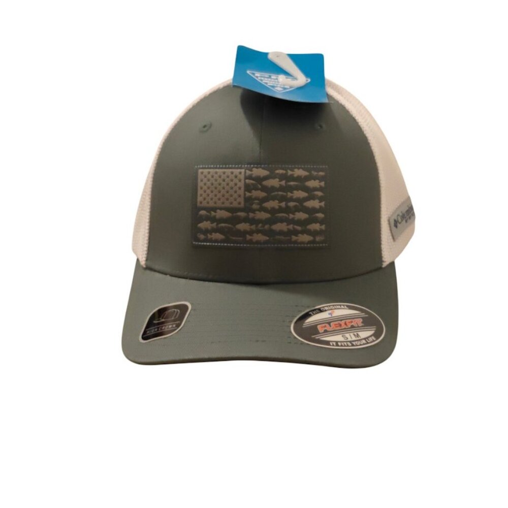 Columbia PFG Men's Small Medium Green Fish Flag Mesh USA Ball Cap High Crown New